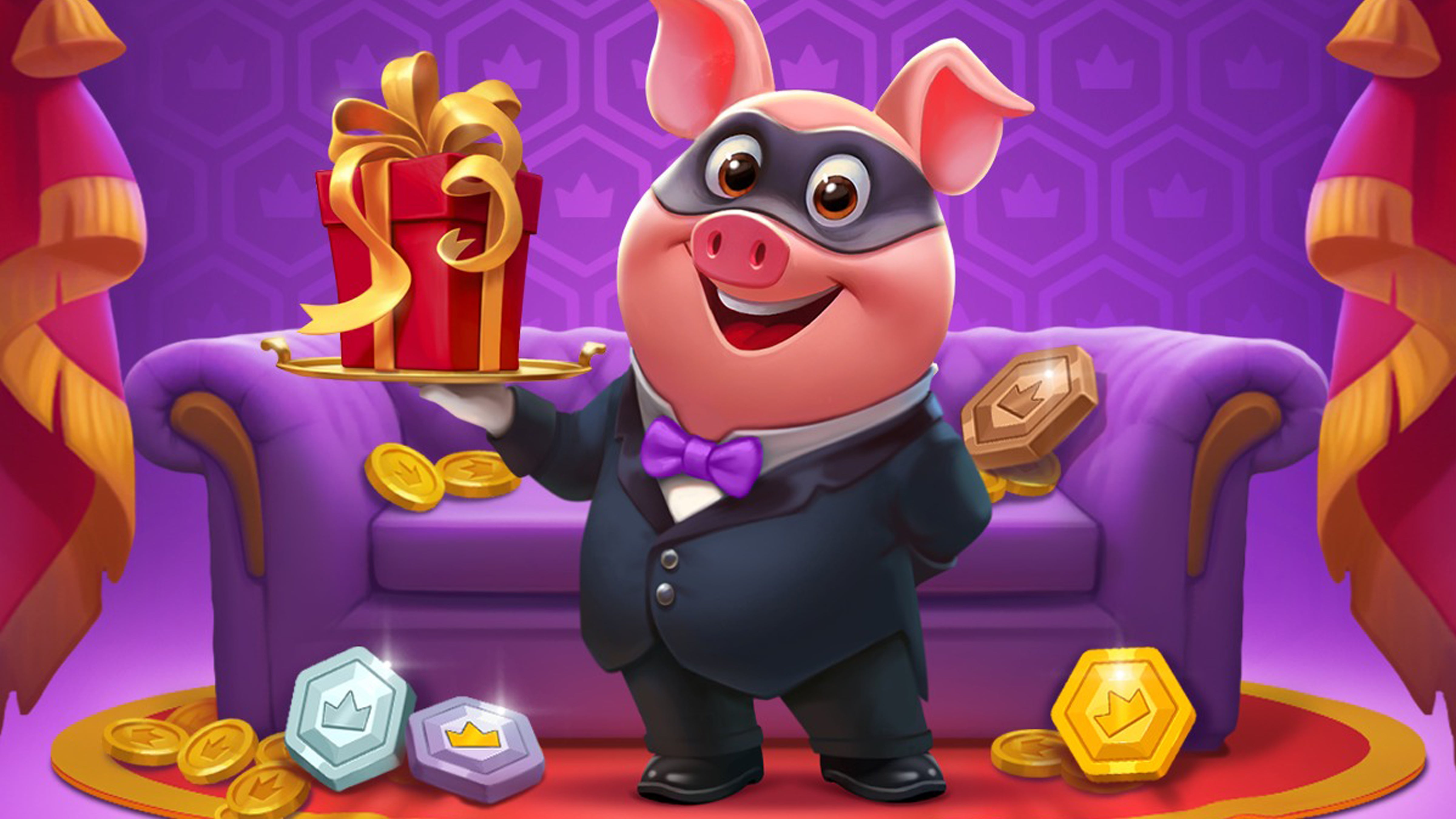 Artwork for Coin Master, showing the game’s cute pig mascot in a suit and holding a present.