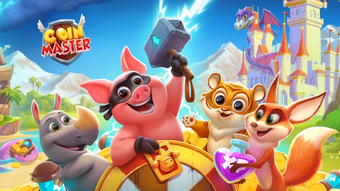 Cute animal characters strike a pose against a fantasy-style background, for the popular mobile game Coin Master.
