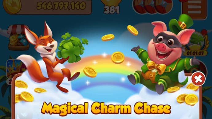 Artwork for the Coin Master Magical Charm Chase event, showing the game’s cute pig mascot dressed as a leprechaun.