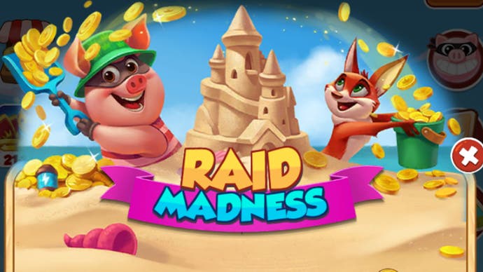 Artwork promoting the Coin Master Raid Madness event, showing the game's cute pig mascot building a sand castle.