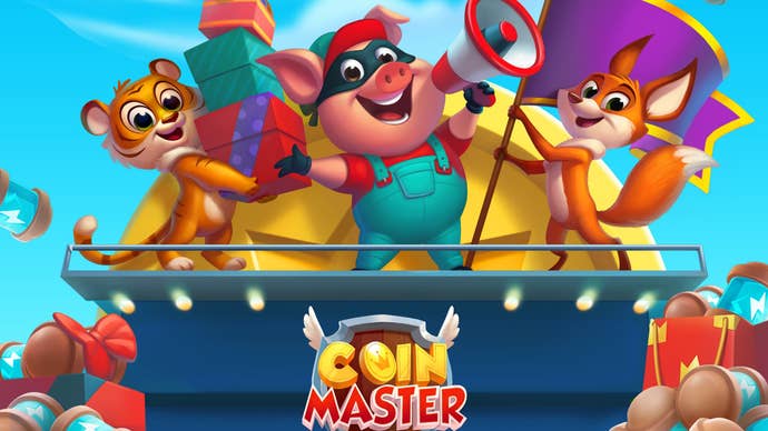 Artwork for Coin Master promoting one of the daily rewards, showing the game’s cute pig mascot with a megaphone.