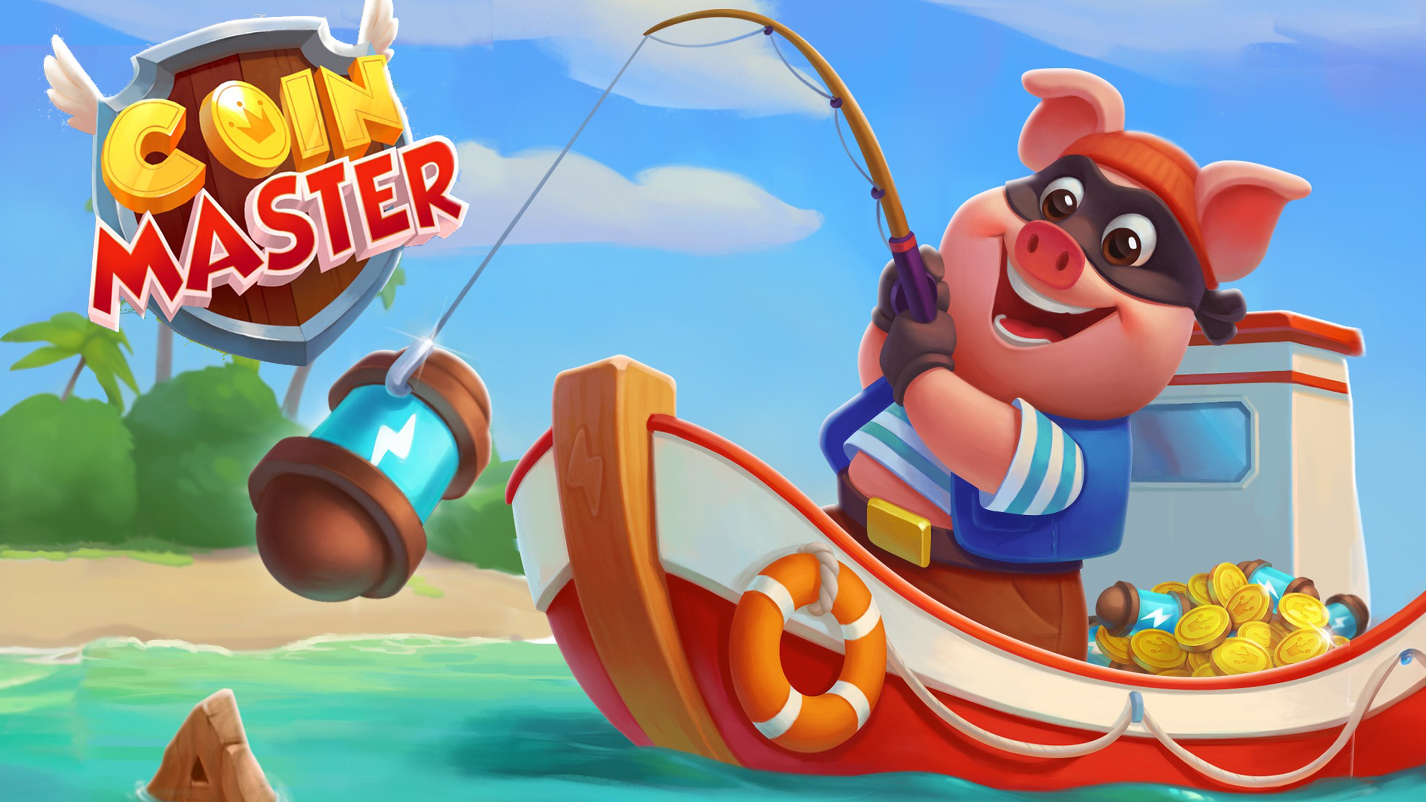 Artwork for Coin Master, showing the game’s cute pig mascot going fishing for spins.