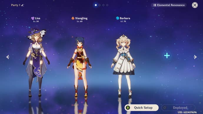 Collei teams: The party selection screen showing Lisa, Xiangling, and Barbara