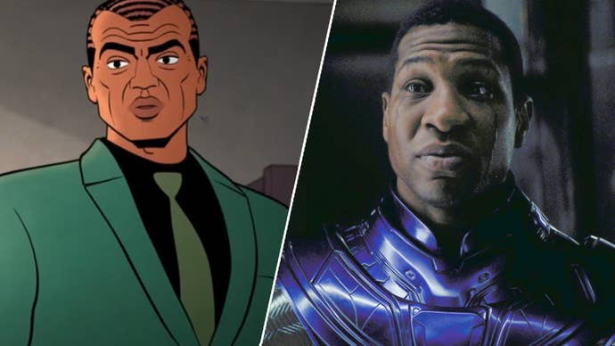 On the left, Norman Osborn stood talking in the animated series Your Friendly Neighborhood Spider-Man. On the right, Jonathan Majors as Kang in Ant-Man.