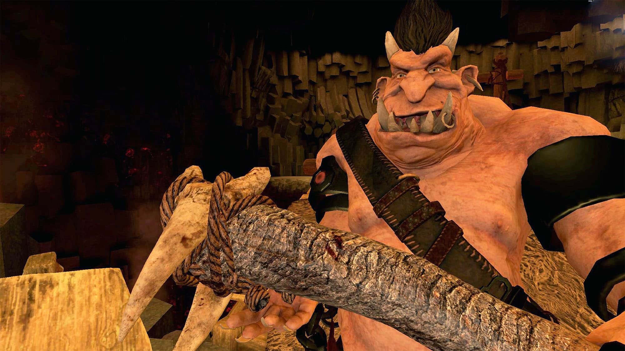 A big, fat, ogre with a big, wooden club. It&rsquo;s got big teeth and some horns and is orange coloured.