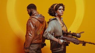 Colt and Julianna pose in Deathloop art.