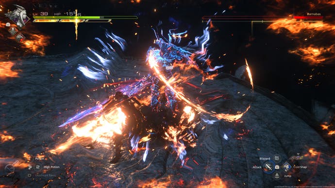 A battle scene from Final Fantasy 16, showing main character Clive performing a flame attack.