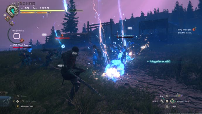 A battle scene from Final Fantasy 16, showing main character Clive hitting a whole group of enemies with a Flare bombardment.