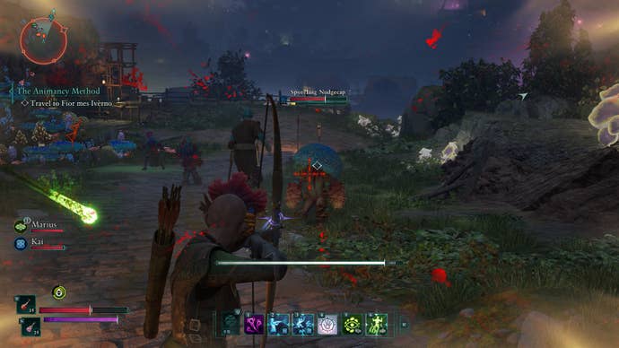 The Envoy aims her bow at a mushroom sporeling enemy in Avowed. Blood splatters appear on the screen, and a green missile projectile threatens to hit her left side.
