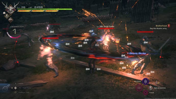 A battle scene from Final Fantasy 16, showing main character Clive using the Odin Eikon’s blade of darkness to strike several enemies at once.