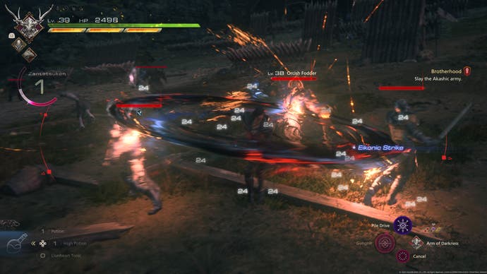 A battle scene from Final Fantasy 16, showing main character Clive using the Odin Eikon's blade of darkness to strike several enemies at once.