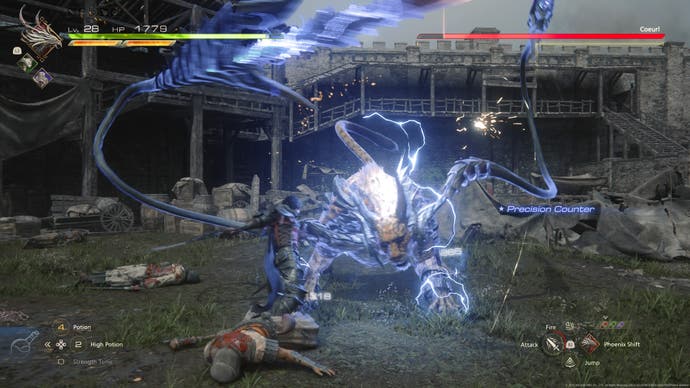 A boss battle from Final Fantasy 16, showing main character Clive fighting a Coerl - a big lightning-fuelled cat.