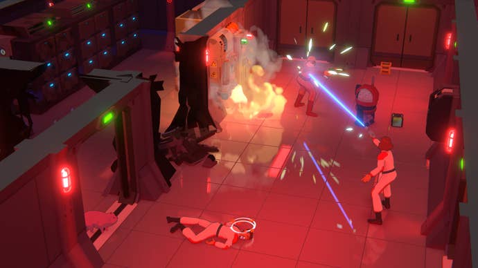 A marine fires a laser gun at a Zutopan in Jumplight Odyssey