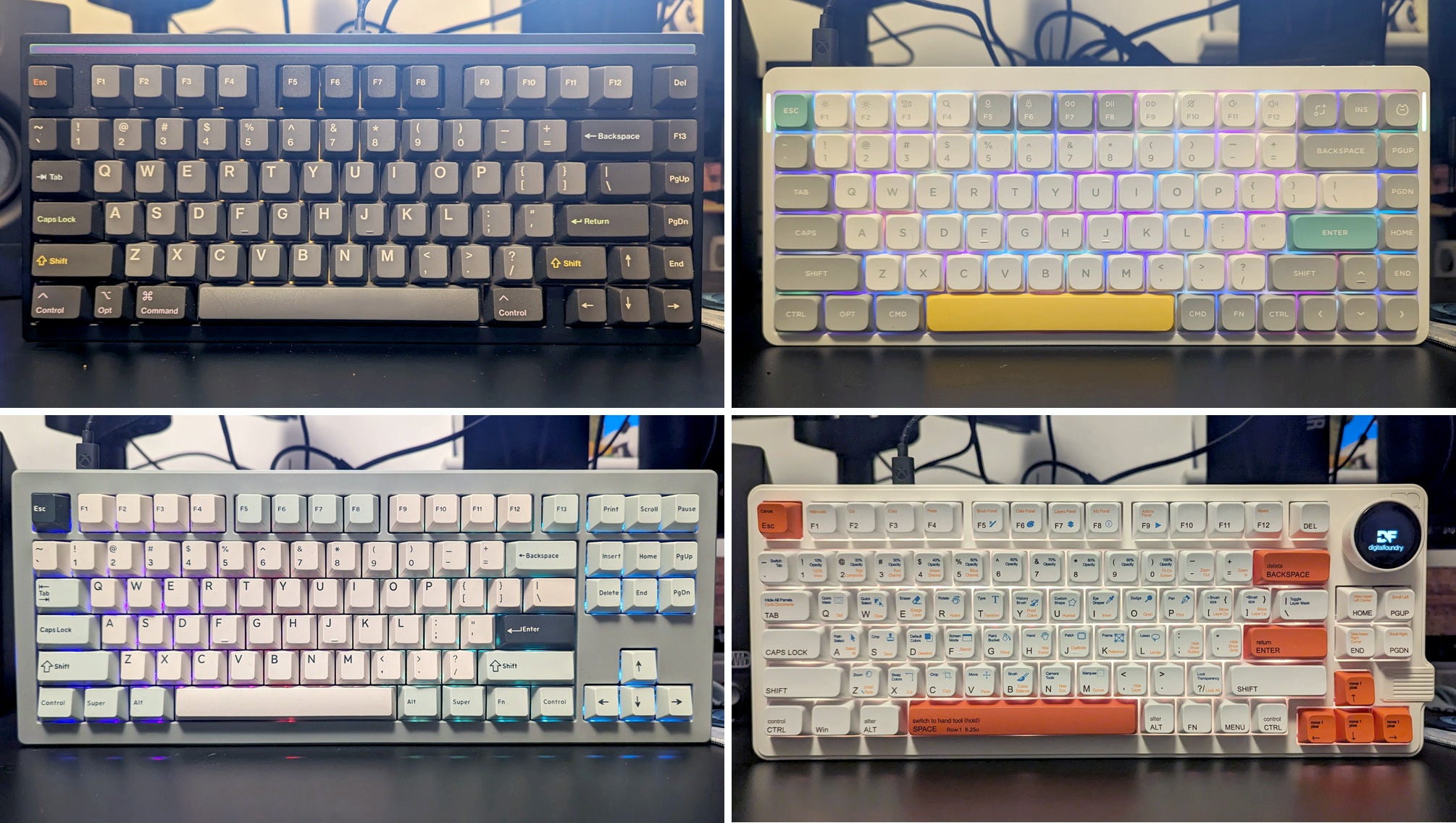 all four keyboards, but this time they&rsquo;re plugged in with a selection of RGB lighting (except the Mode Sonnet)