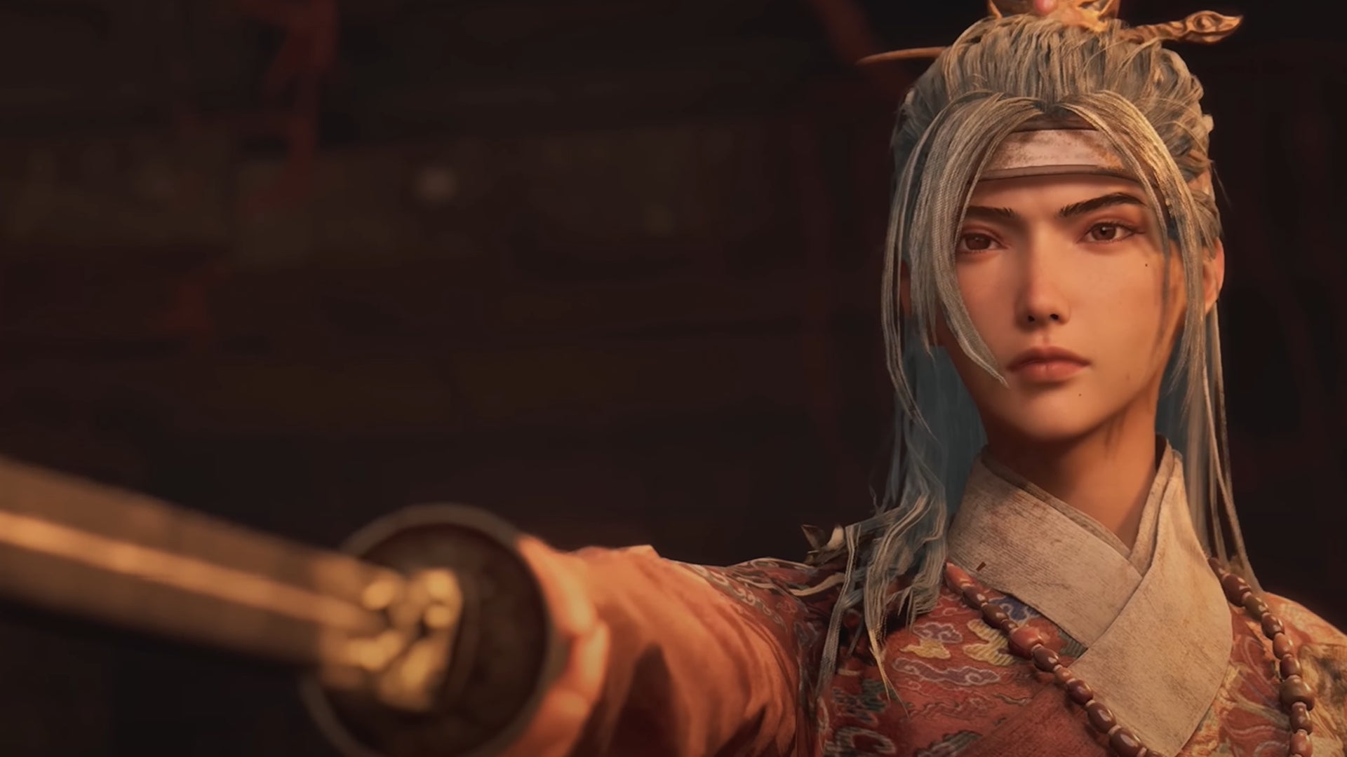 Commander Honglan - a white-haired female warrior with a stern expression - raises her sword in Wuchang Fallen Feathers. - 12