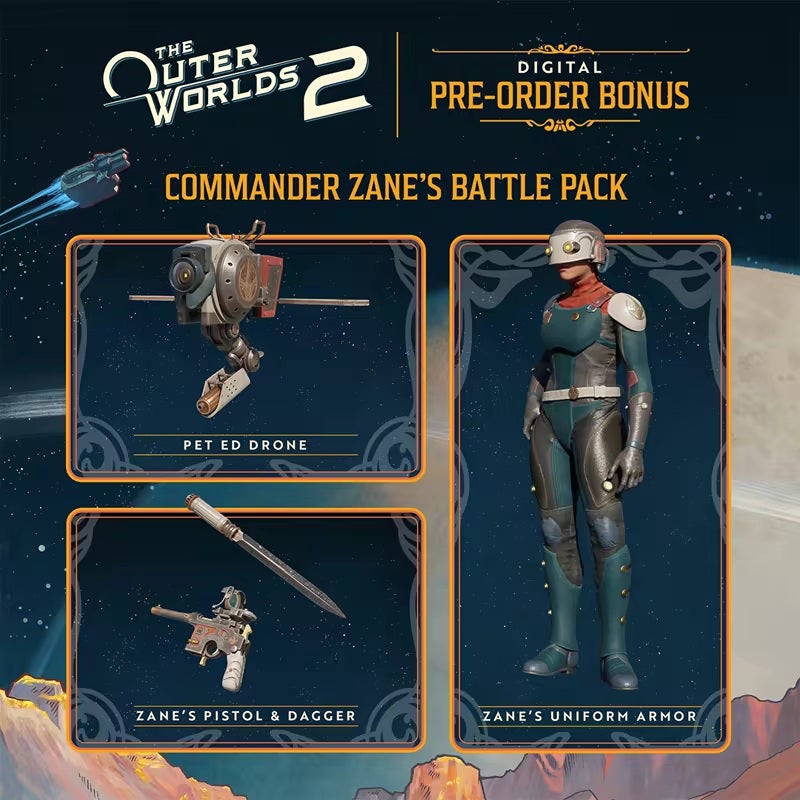 All the contents of Commander Zane's Battle Pack - a pre-order bonus that includes a suit of armor and new weapons in The Outer Worlds 2. - 5