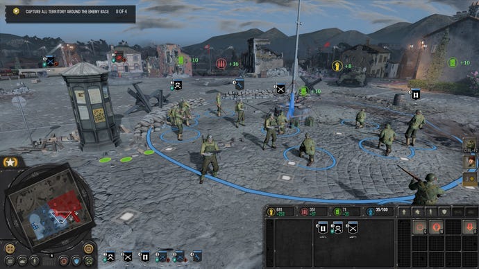 Soldiers gather round a capture point in Company Of Heroes 3