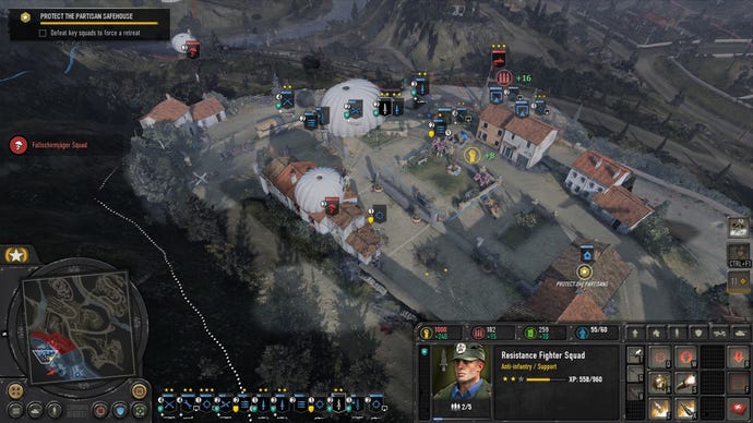 Soldiers parachute into a stronghold town in Company Of Heroes 3
