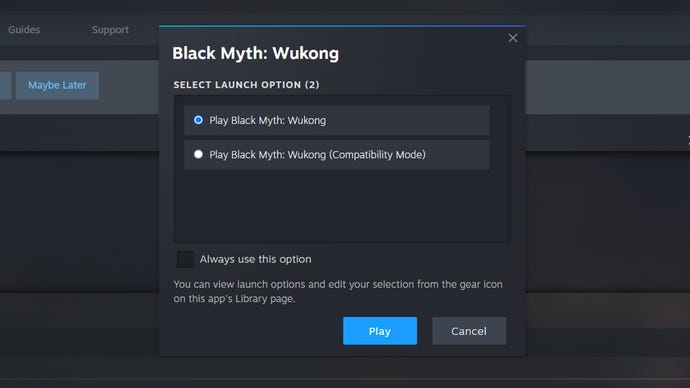 The launch options pop-up visible when starting Black Myth Wukong.