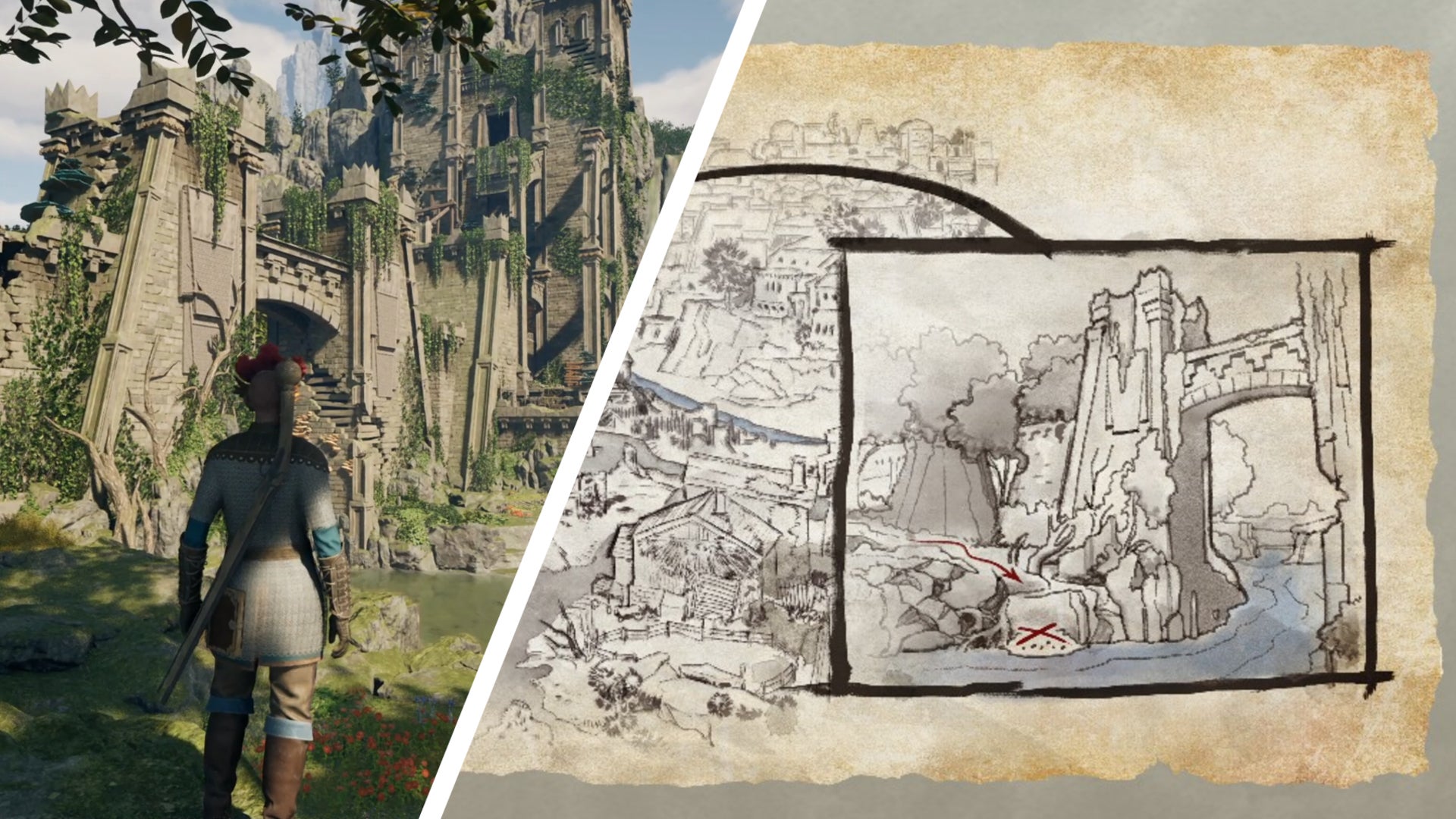 A composite image showing the in-game location of a Treasure Map in Avowed. - 1