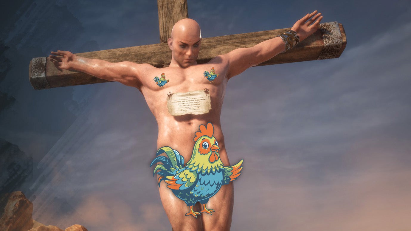 A naked, muscled, masculine figure crucified on a cross, waiting to perish in the heat of the desert. Overlaid on his naughty parts is a very friendly looking cockerel.