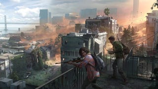 Concept artwork for the cancelled Last Of Us Online game, showing a man and a woman with guns looking out over a burning city