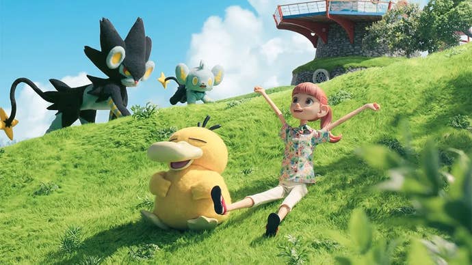 Stop-motion figures of Haru, Psyduck and Luxray in Pokemon Concierge season 2.
