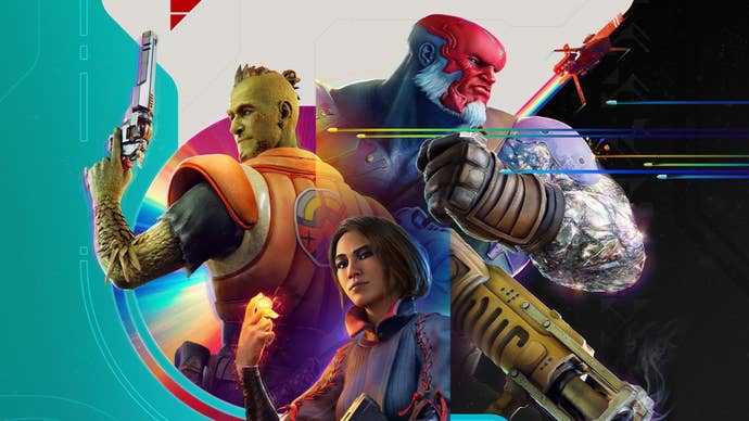 Concord promotional art showing three sci-fi characters posing with weapons drawn.