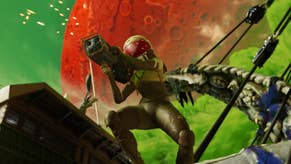Concord official image showing a character in a helmet with a rocket launcher from below, in front of a red moon and bright green cloudy sky.