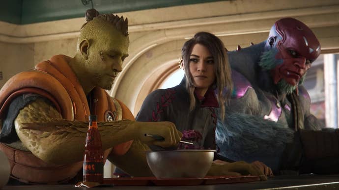 Concord screenshot of a green, lizardy man, a woman, and a big hulk of a man sitting at a bar.