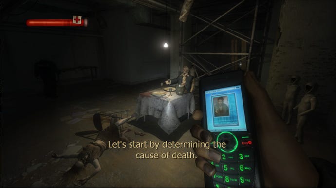 The first person horror game Condemned Criminal Origins - the protagonist is looking at a murder scene, the victims staged at a macabre dinner table