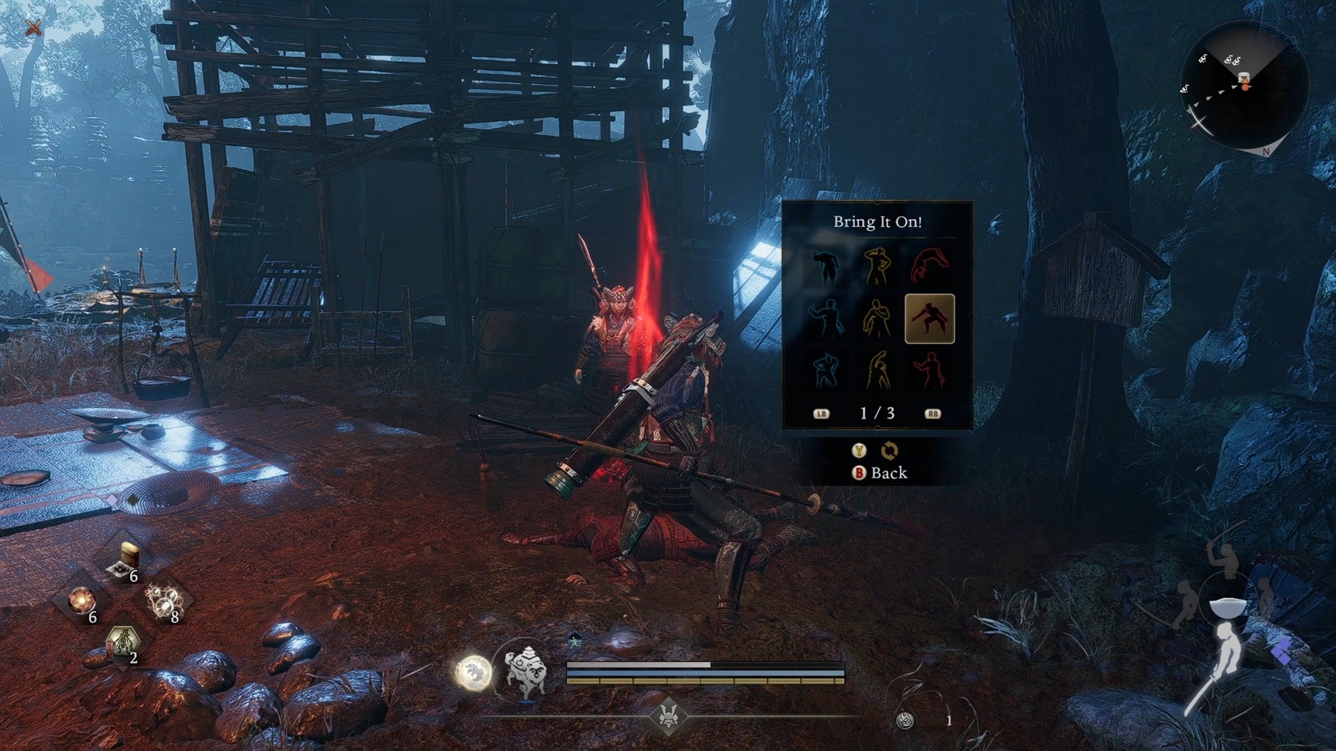 Confronting a Mujina doppleganger in Nioh 3, and selecting the correct Gesture to use against it. - 4