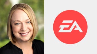 A headshot of EA exec Connie Booth next to the Electronic Arts logo.