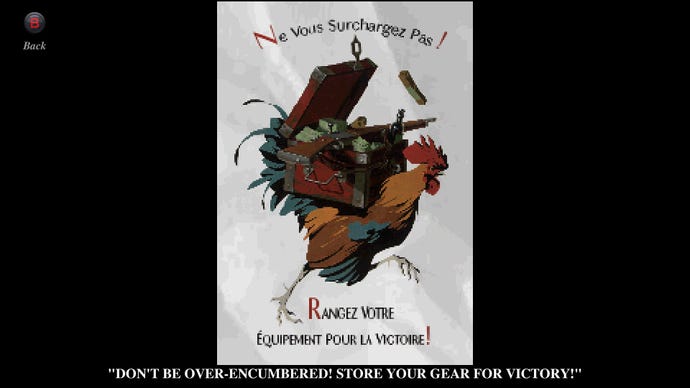 A poster of a rooster carrying equipment, instructing you to store your equipment in Conscript.