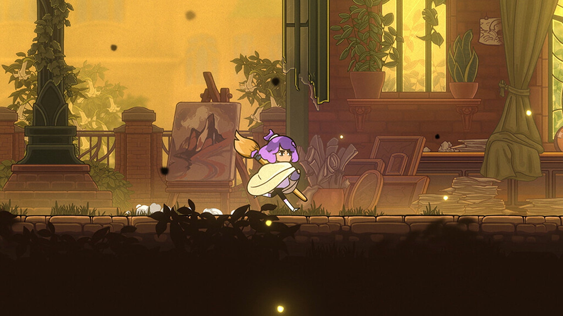 A purple haired painted wielding a large paint brush is walking around an old, abandoned building in Constance. - 1