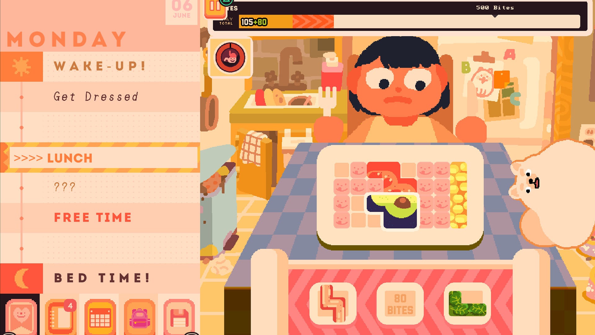 A cartoonish person is trying to eat their Tertris-block shaped breakfast as their dog watches in a screenshot from Consume Me. - 1