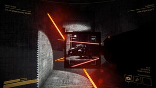 Content Warning screenshot showing a concrete underground area with orange laser beams