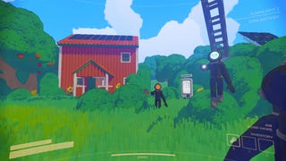 Content Warning screenshot showing players outside in green grass under sunny blue sky