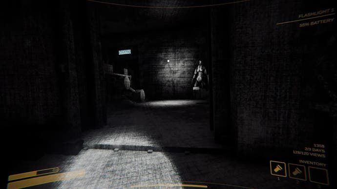 Content Warning screenshot showing a shadowy monster lurking towards the back of a dark room
