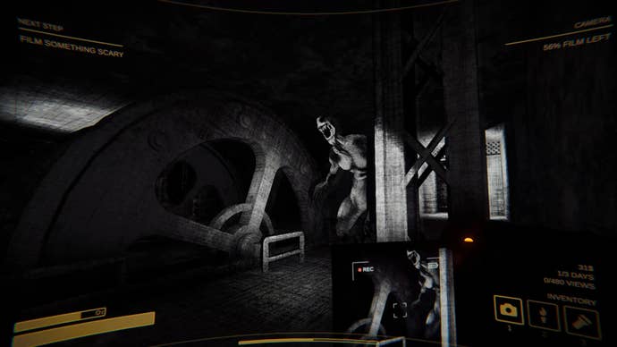 The player records a tall humanoid monster with large teeth inside a facility in Content Warning