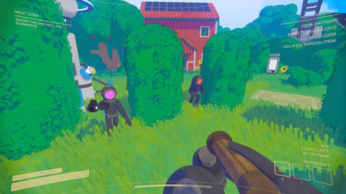 Content warning screenshot shows two players wearing gray wetsuits walking through tall green grass.