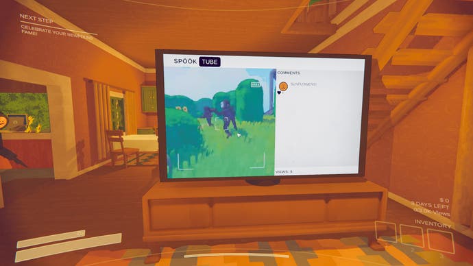 Content Warning screenshot shows a TV displaying SpookTube and footage of two players walking through grass.