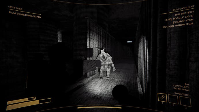 Content warning screenshots show a black-and-white monster with a snail's head standing upright inside the prison-like interior.