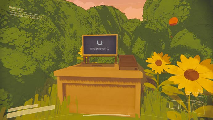 Content warning screenshot shows a computer monitor showing a loading screen in front of green shrubs and yellow flowers.