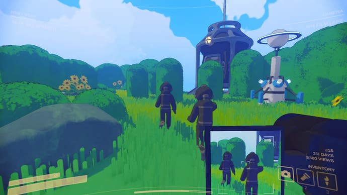 Captura de tela do aviso de conteúdo mostrando jogadores indo à sua frente em um mundo gramado e ensolarado, enquanto você os filma com a câmera de vídeo na mão