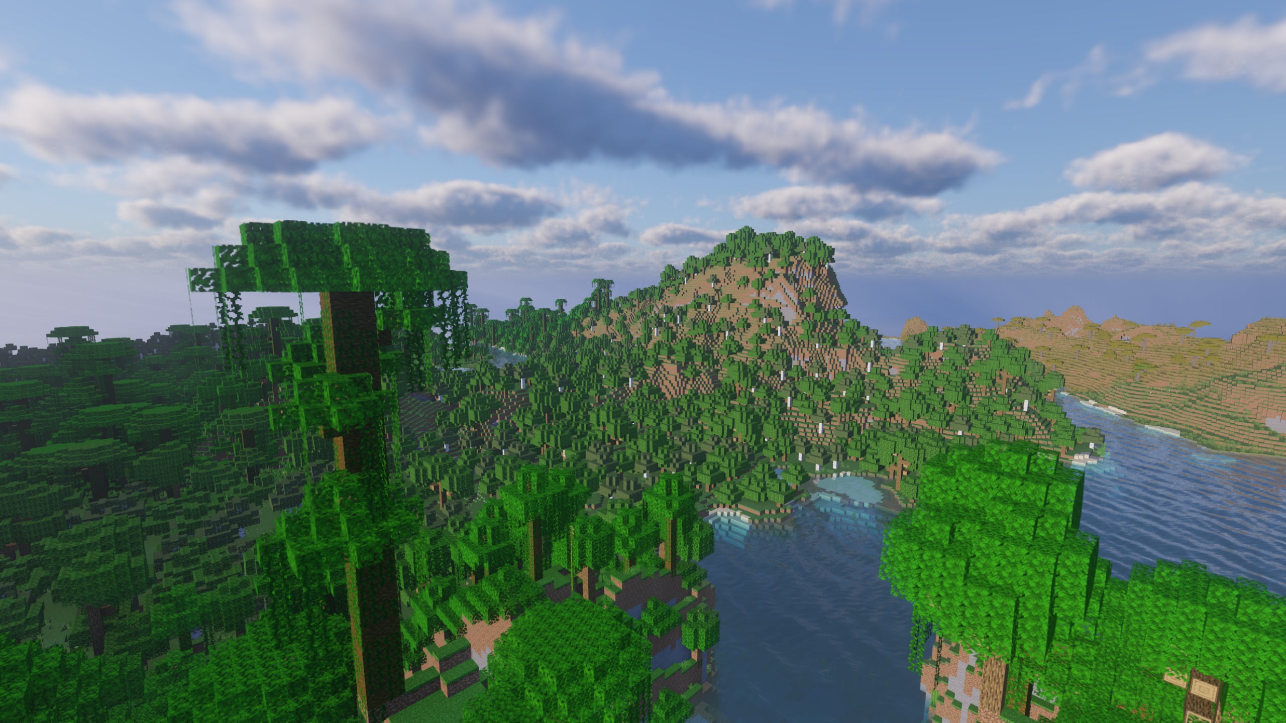 A jungle next to a river in Minecraft showcasing Continuum Shaders.