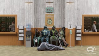 Concept art for Condor, a co-op spin-off to Control, showing four agents waiting on a bench with an occupied body bag in front of them.
