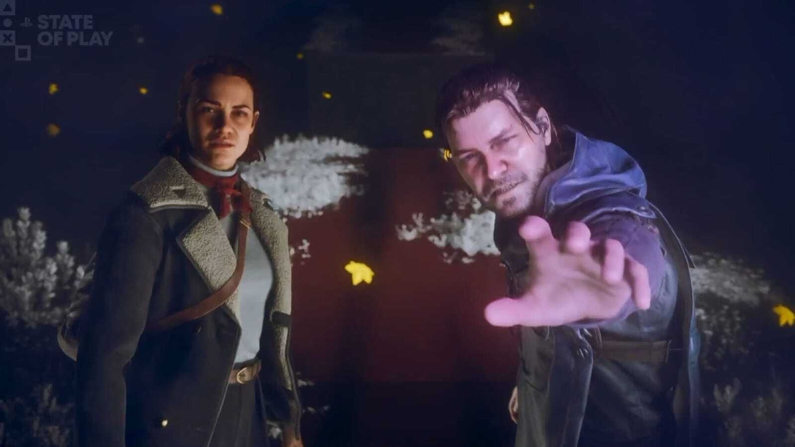 Screenshot of characters looking forward, with bloke reaching out hand, in Control Resonant. Taking from release date trailer.