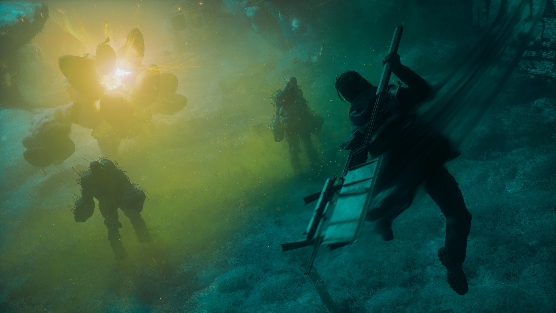 A person with a strange looking axe is preparing to attack some enemies in Control Resonant. - 1