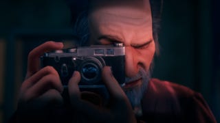 A close-up of man looking through the viewfinder of a camera, finger ready to take a picture, in a Conway: Disappearance At Dahlia View screenshot.